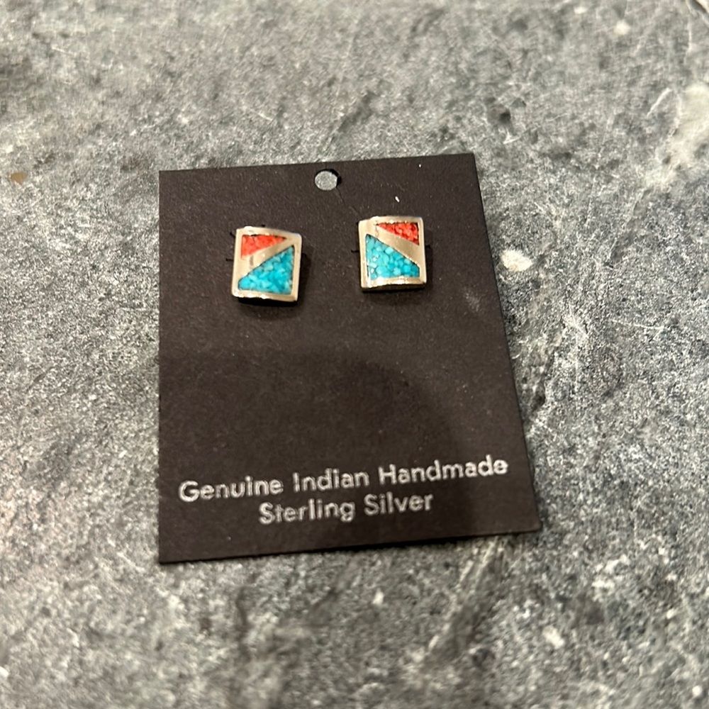 Sterling Silver Turquoise and Stone Pierced earrings